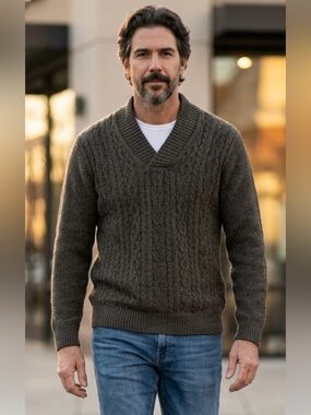 Joseph Abboud Men’s V-Neck Cable-knit  Green Wool Blend Sweater 2XLT